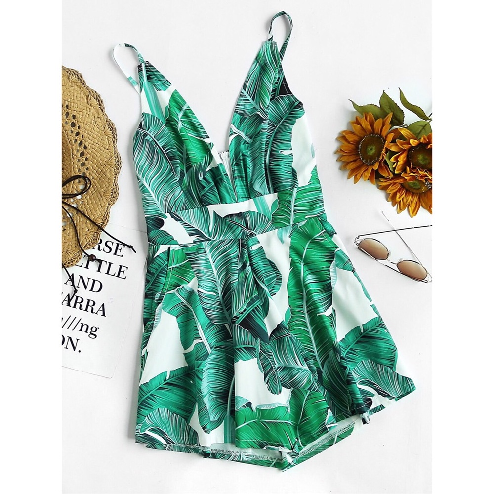Palm Print Plunging Neckline Romper